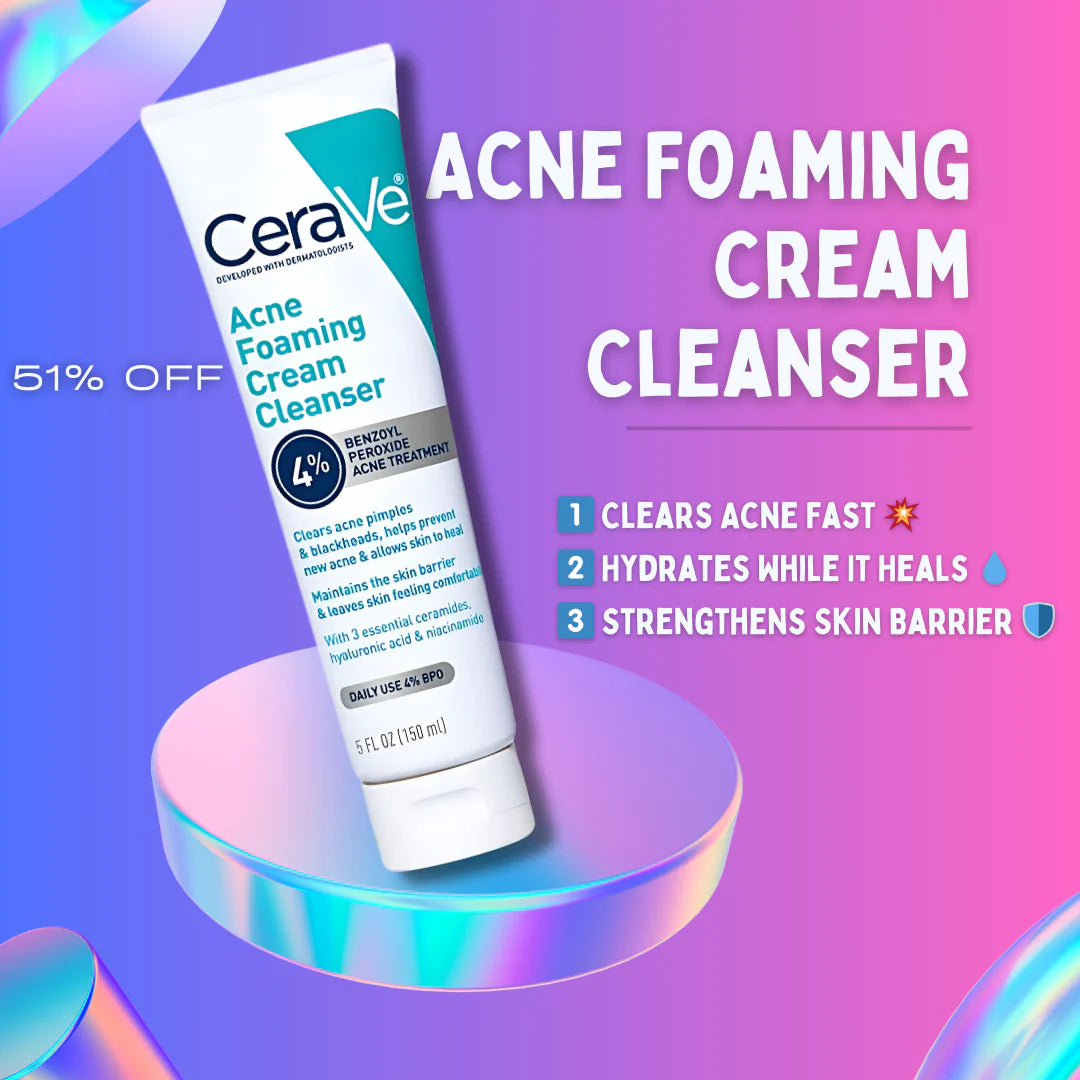 CeraVe Acne Foaming Cream Cleanser 150ml – 4% Benzoyl Peroxide Acne Treatment