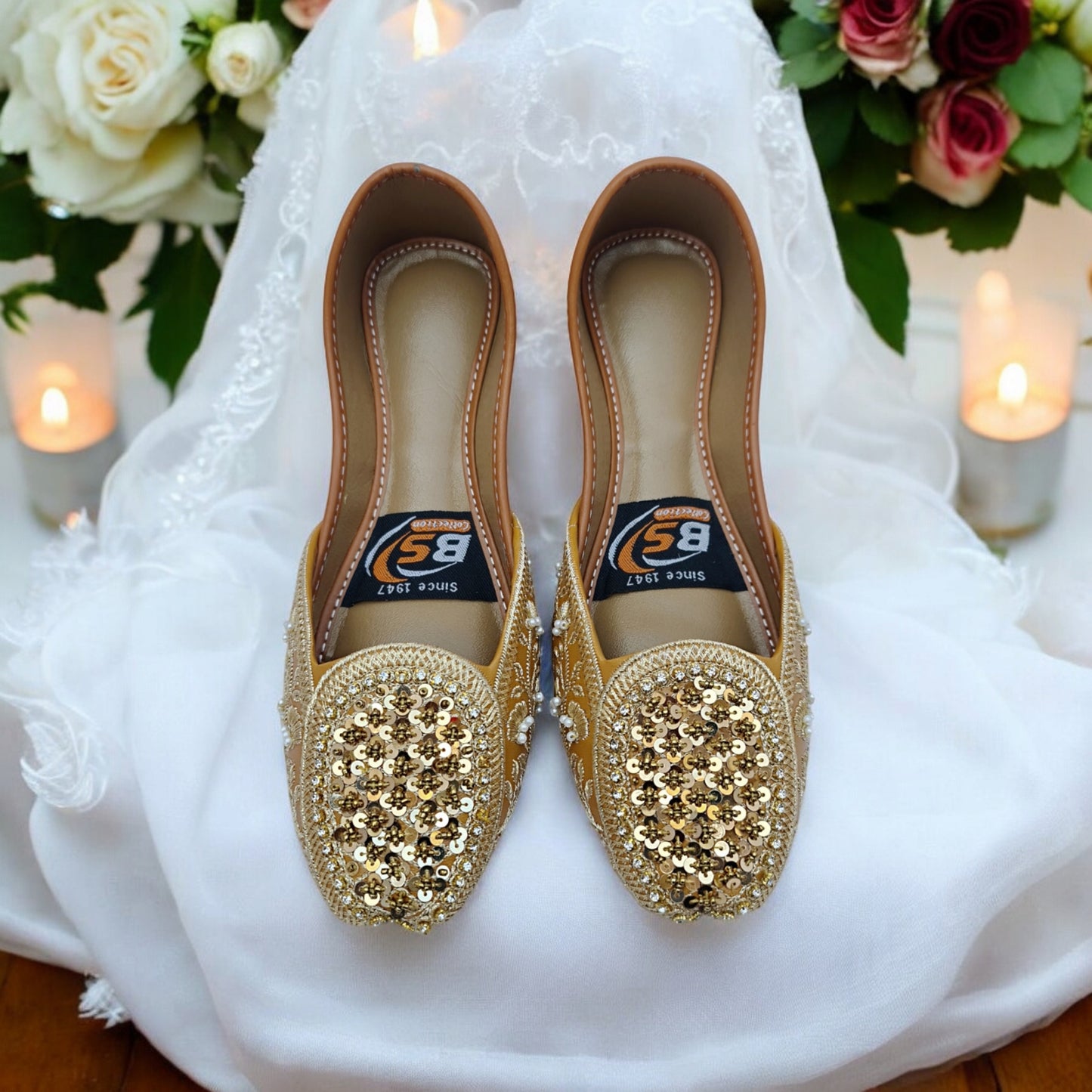 Golden Embellished Khussa – Handcrafted Bridal & Festive Wear Flats