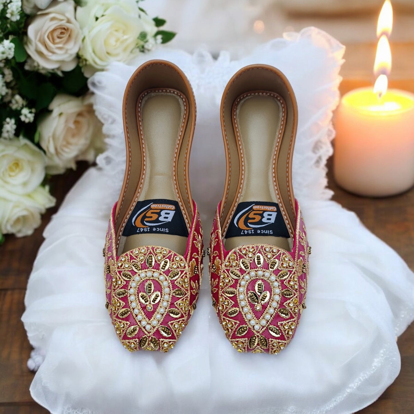 Shocking Pink & Gold Embroidered Khussa – Handcrafted Bridal & Festive Wear Flats
