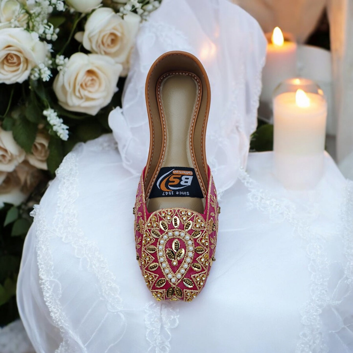 Shocking Pink & Gold Embroidered Khussa – Handcrafted Bridal & Festive Wear Flats