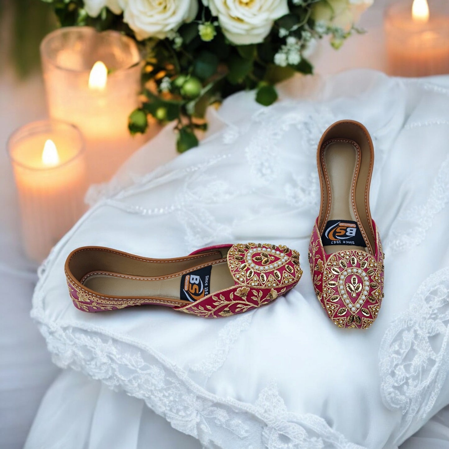 Shocking Pink & Gold Embroidered Khussa – Handcrafted Bridal & Festive Wear Flats