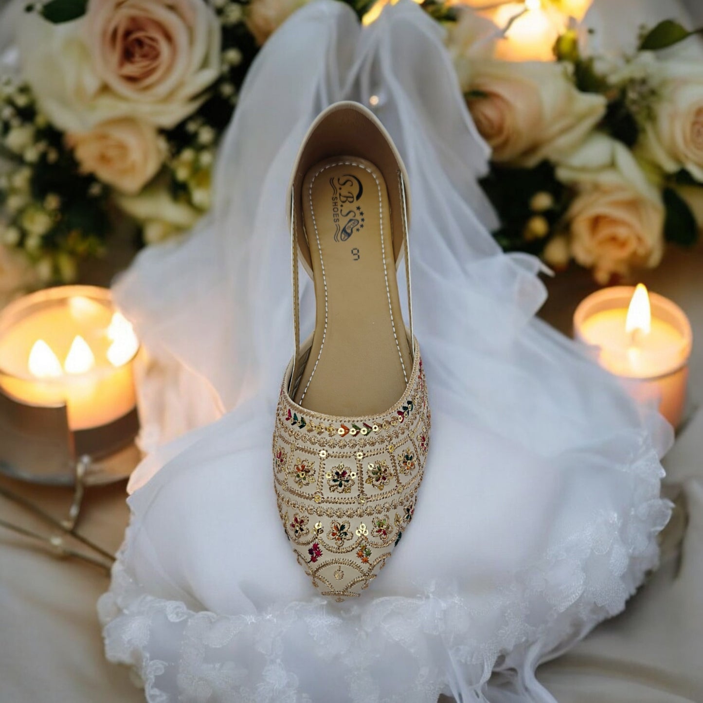 Golden Multicolor Embroidered Khussa – Handcrafted Festive & Wedding Wear Flats