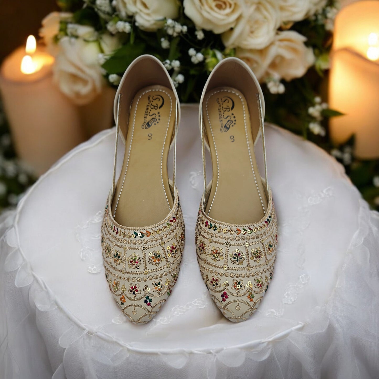 Golden Multicolor Embroidered Khussa – Handcrafted Festive & Wedding Wear Flats