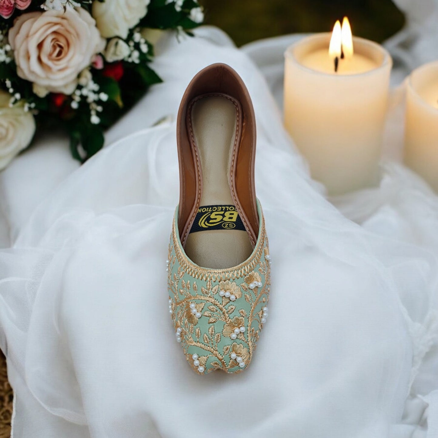 Mint Green & Gold Embroidered Khussa – Handcrafted Festive & Wedding Wear Flats