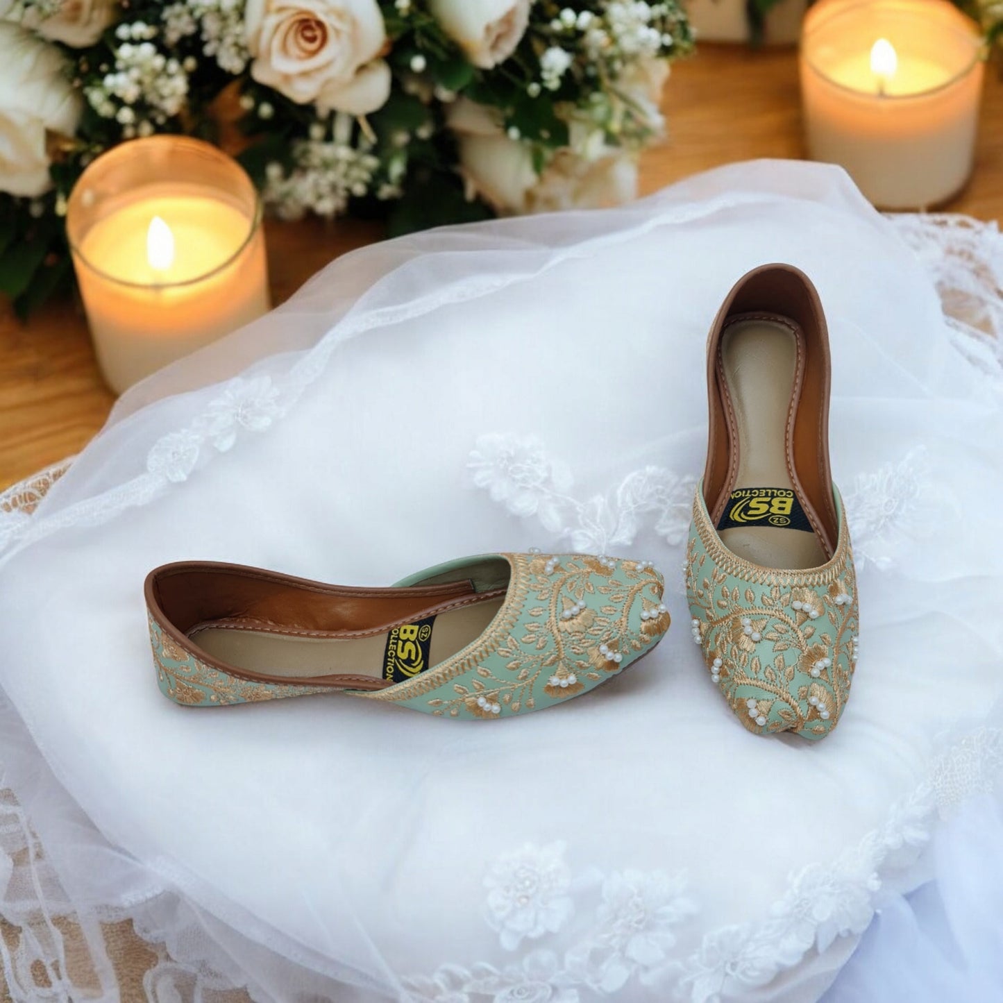 Mint Green & Gold Embroidered Khussa – Handcrafted Festive & Wedding Wear Flats