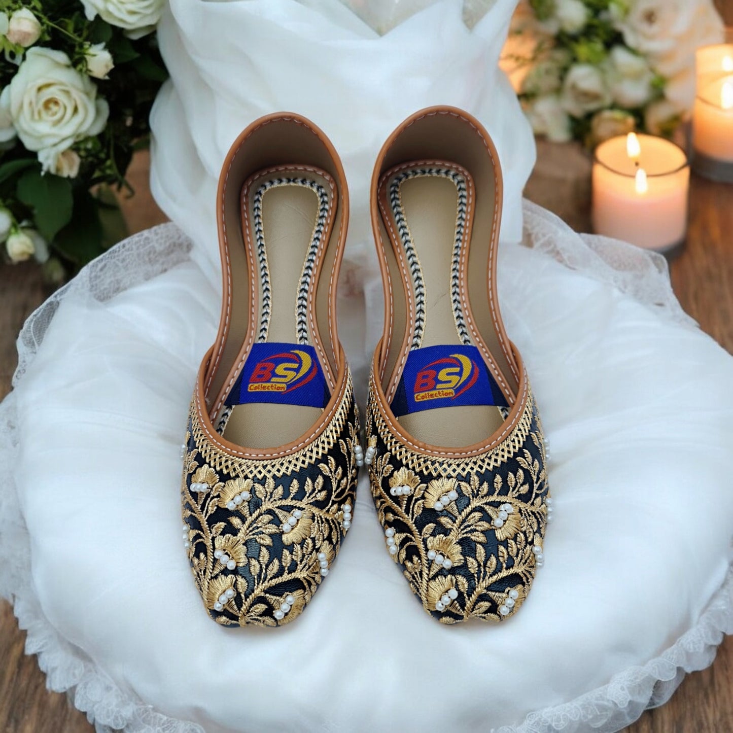 Black & Gold Embroidered Khussa – Handcrafted Festive & Wedding Wear Flats