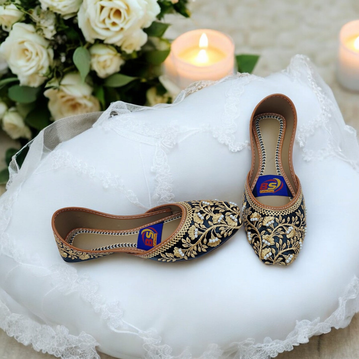 Black & Gold Embroidered Khussa – Handcrafted Festive & Wedding Wear Flats