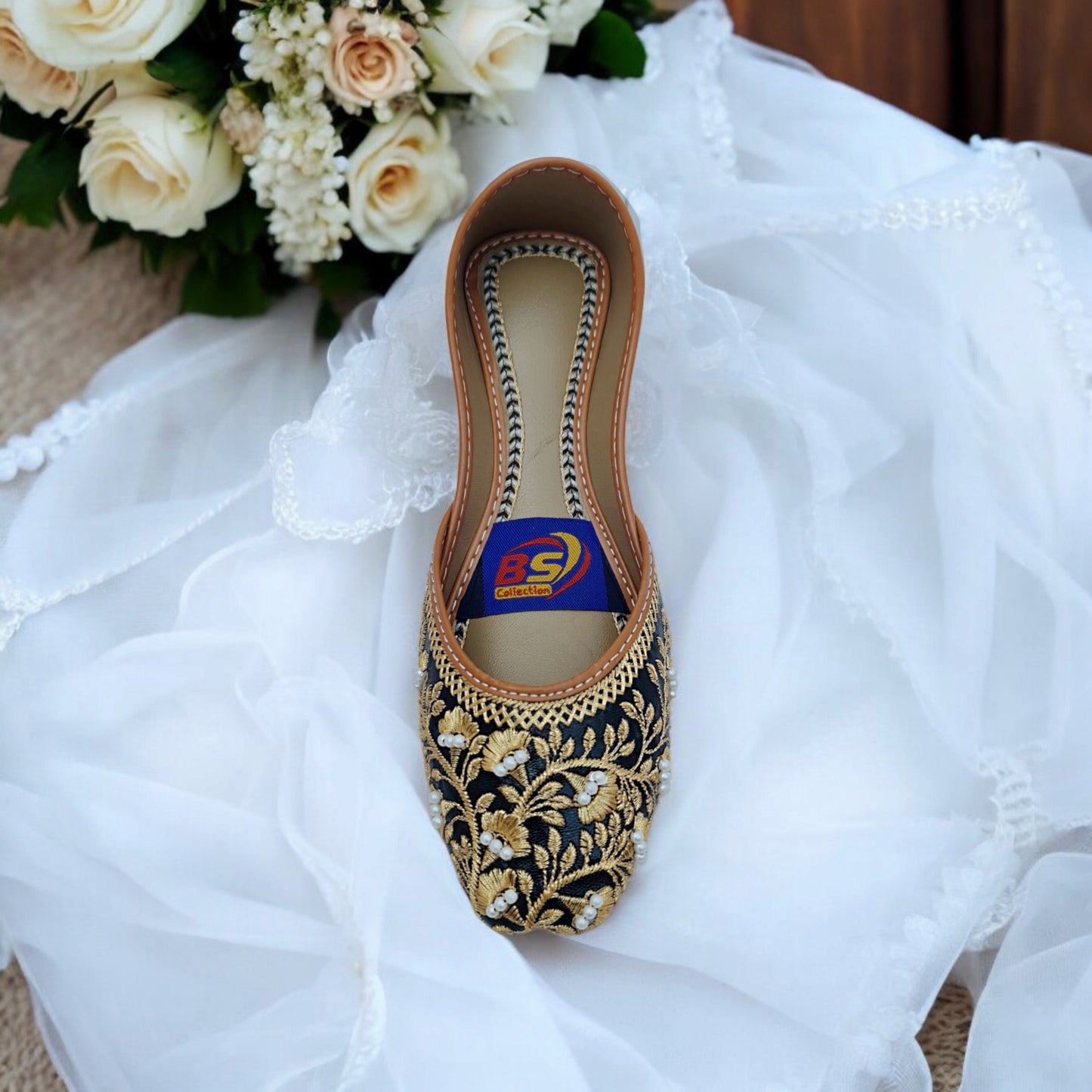 Black & Gold Embroidered Khussa – Handcrafted Festive & Wedding Wear Flats