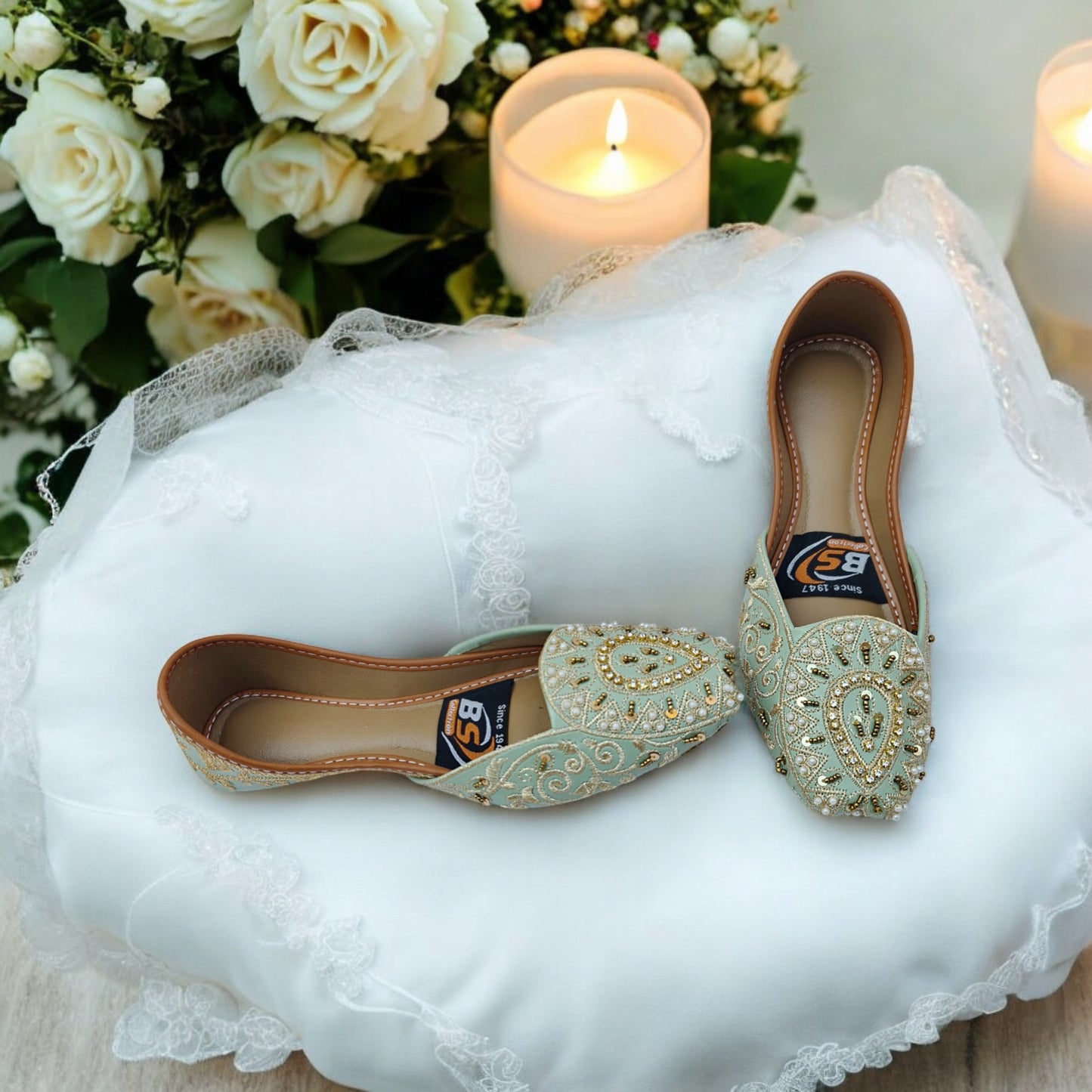 Embroidered Mint Green Bridal Juttis with Gold Beadwork