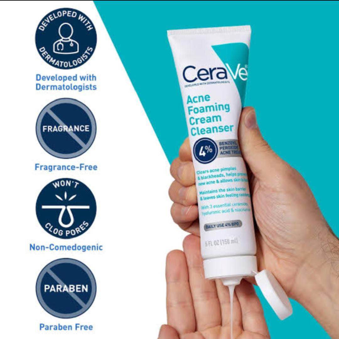 CeraVe Acne Foaming Cream Cleanser 150ml – 4% Benzoyl Peroxide Acne Treatment