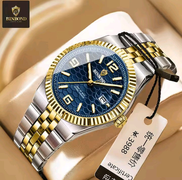 BINBOND Luxury Gold & Silver Stainless Steel Wristwatch – Blue Dial with Date Display