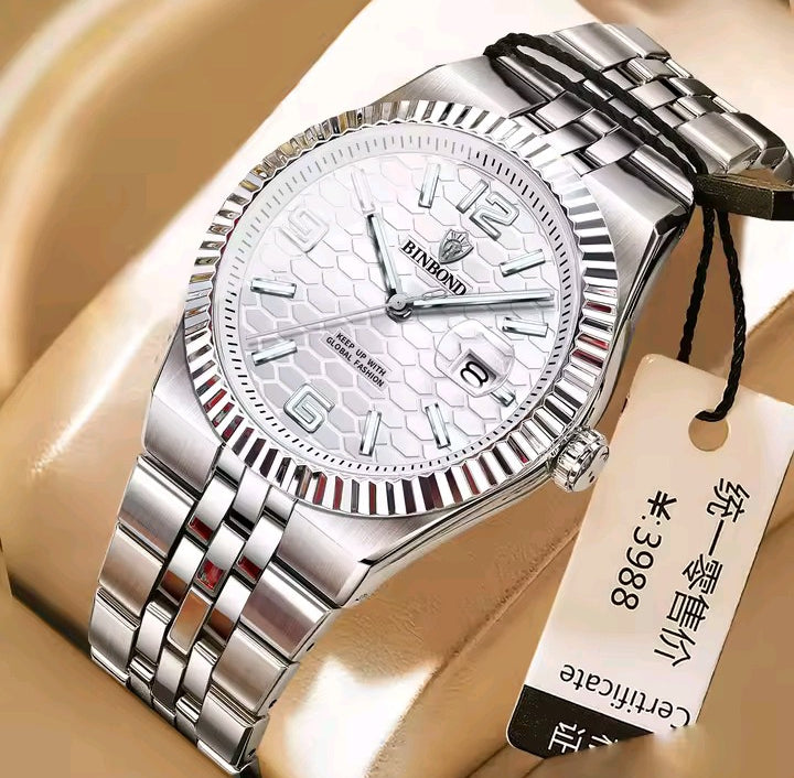 BINBOND Luxury Gold & Silver Stainless Steel Wristwatch – Blue Dial with Date Display