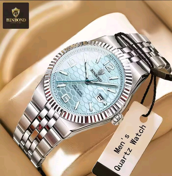 BINBOND Luxury Gold & Silver Stainless Steel Wristwatch – Blue Dial with Date Display