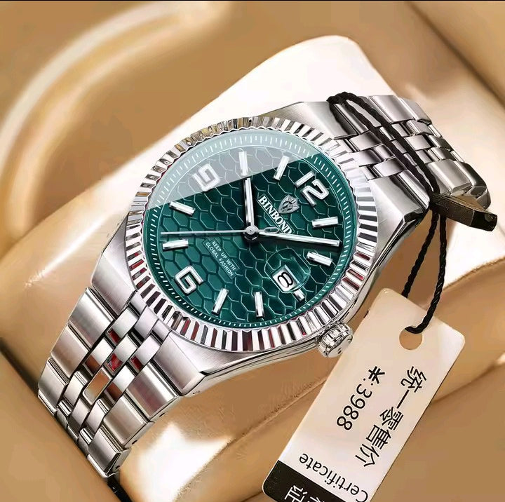 BINBOND Luxury Gold & Silver Stainless Steel Wristwatch – Blue Dial with Date Display