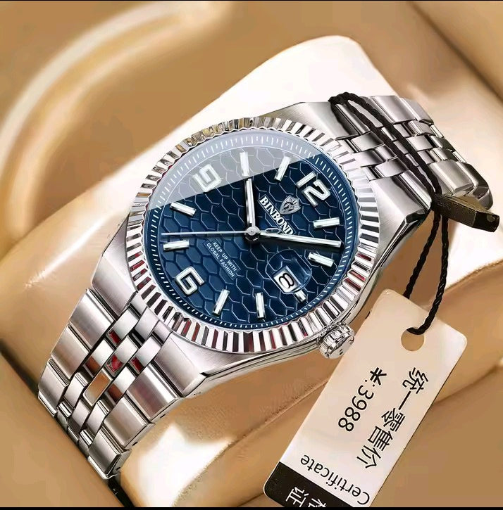 BINBOND Luxury Gold & Silver Stainless Steel Wristwatch – Blue Dial with Date Display