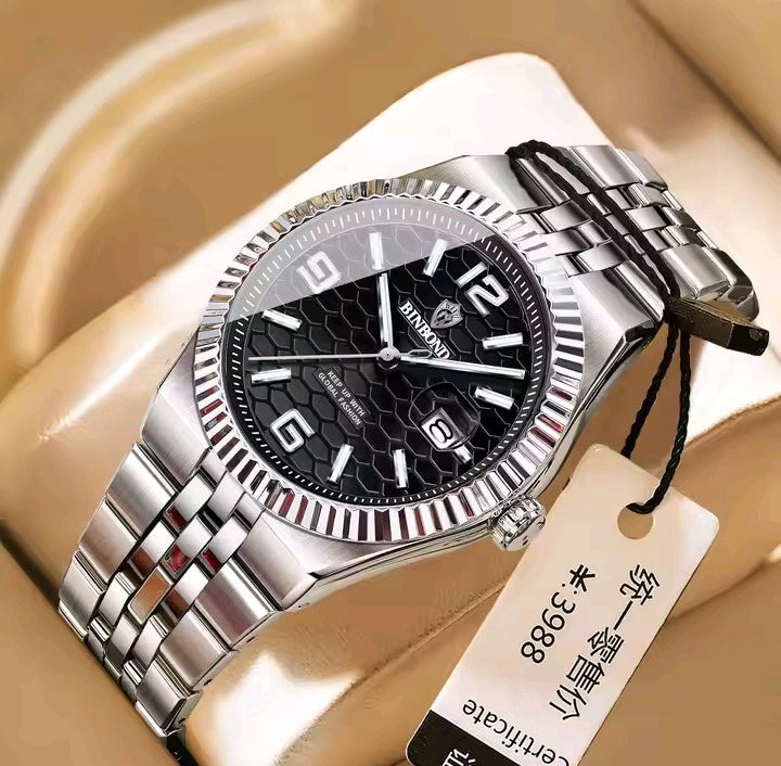 BINBOND Luxury Gold & Silver Stainless Steel Wristwatch – Blue Dial with Date Display