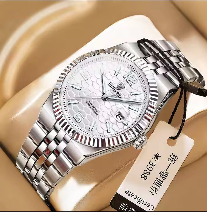 BINBOND Luxury Gold & Silver Stainless Steel Wristwatch – Blue Dial with Date Display