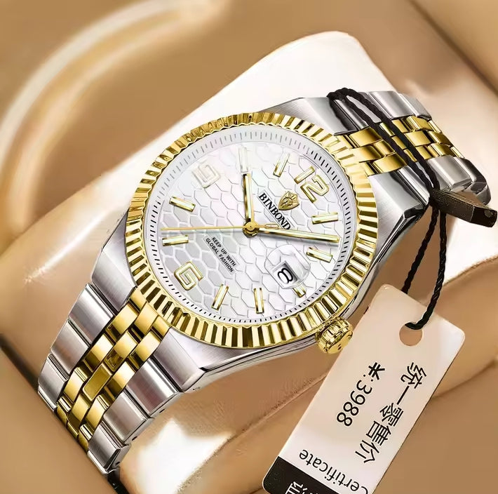 BINBOND Luxury Gold & Silver Stainless Steel Wristwatch – Blue Dial with Date Display