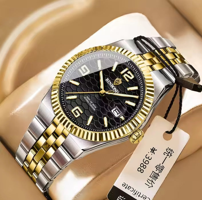 BINBOND Luxury Gold & Silver Stainless Steel Wristwatch – Blue Dial with Date Display