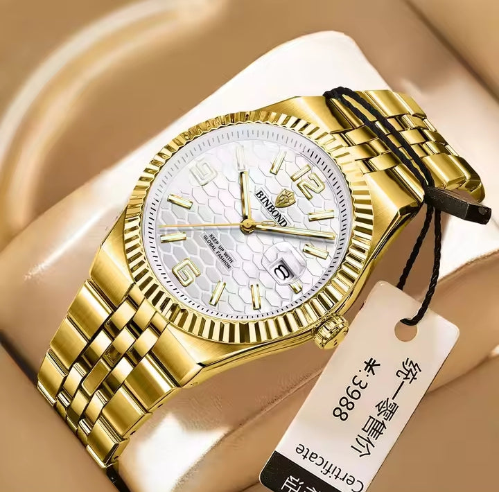 BINBOND Luxury Gold & Silver Stainless Steel Wristwatch – Blue Dial with Date Display