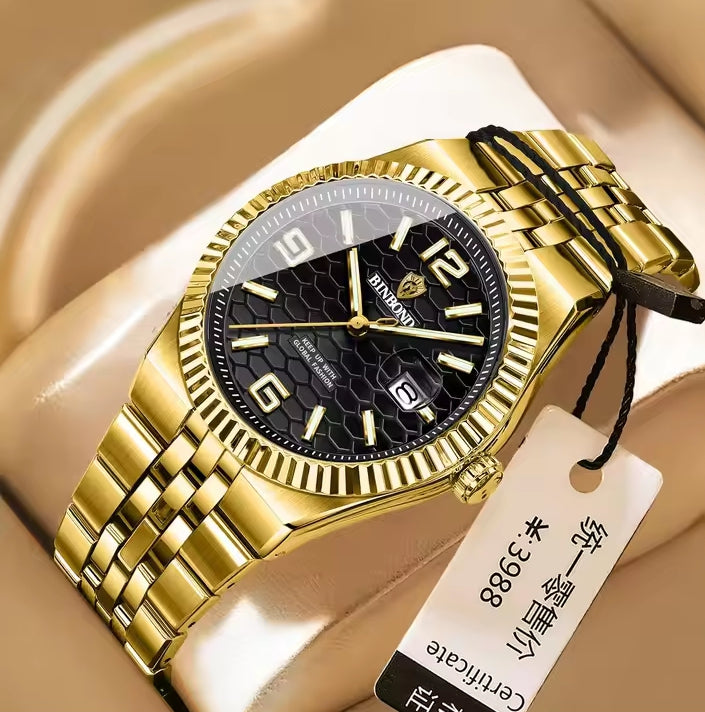 BINBOND Luxury Gold & Silver Stainless Steel Wristwatch – Blue Dial with Date Display