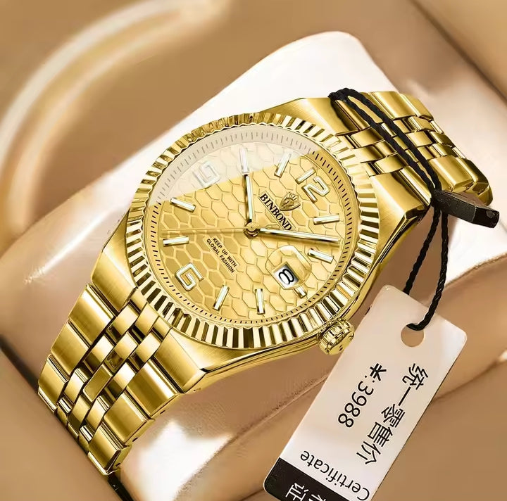 BINBOND Luxury Gold & Silver Stainless Steel Wristwatch – Blue Dial with Date Display