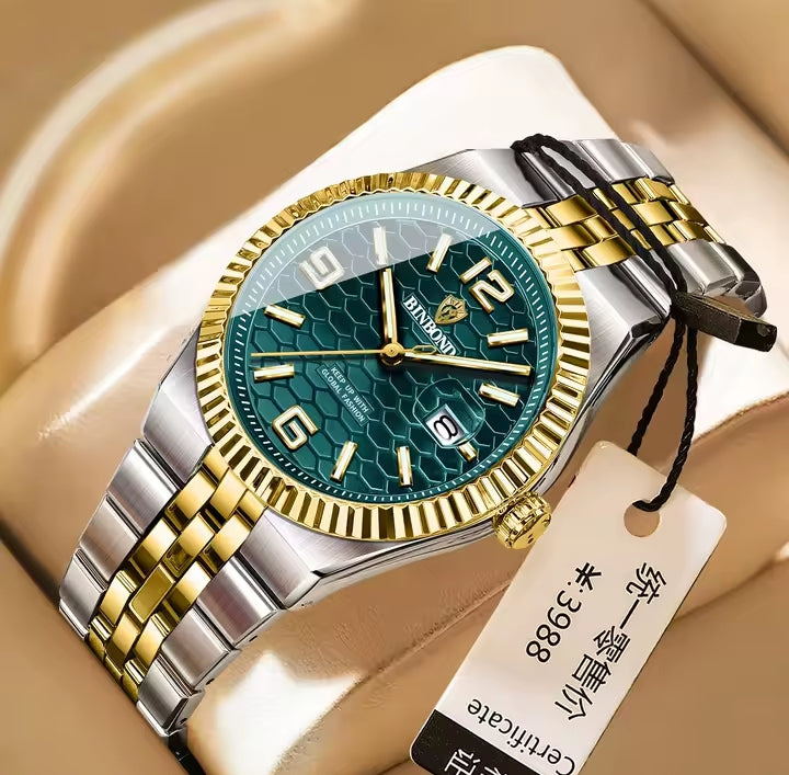 BINBOND Luxury Gold & Silver Stainless Steel Wristwatch – Blue Dial with Date Display