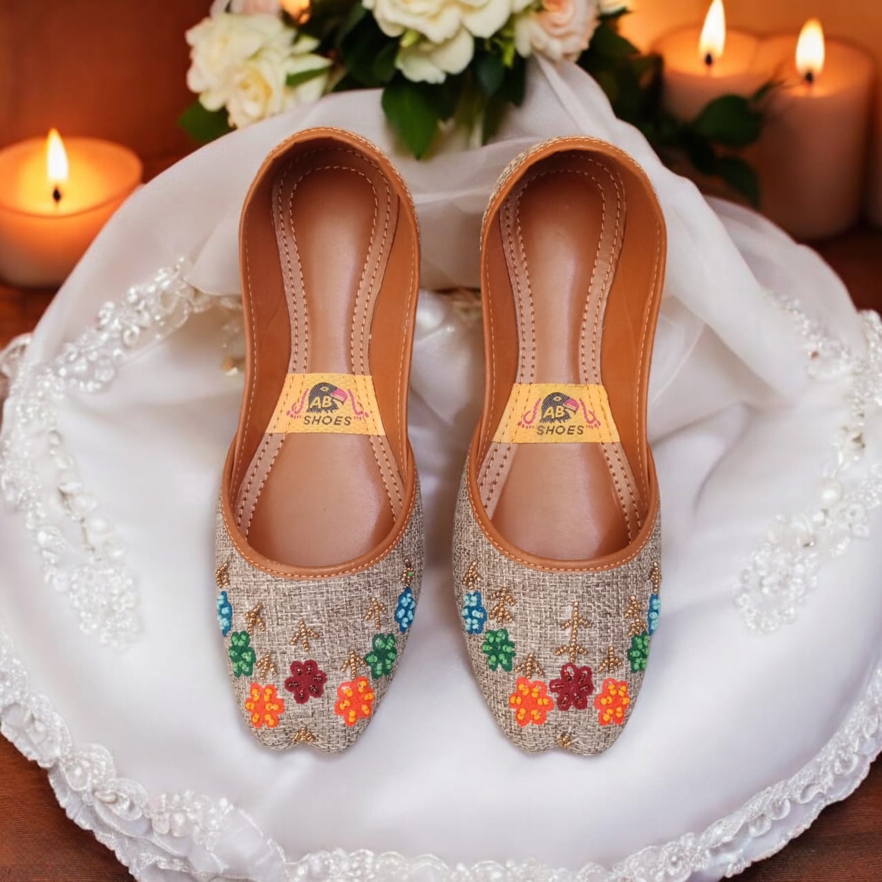 Handmade Denim Embroidered Khussa – Colorful Floral Traditional Women’s Flats