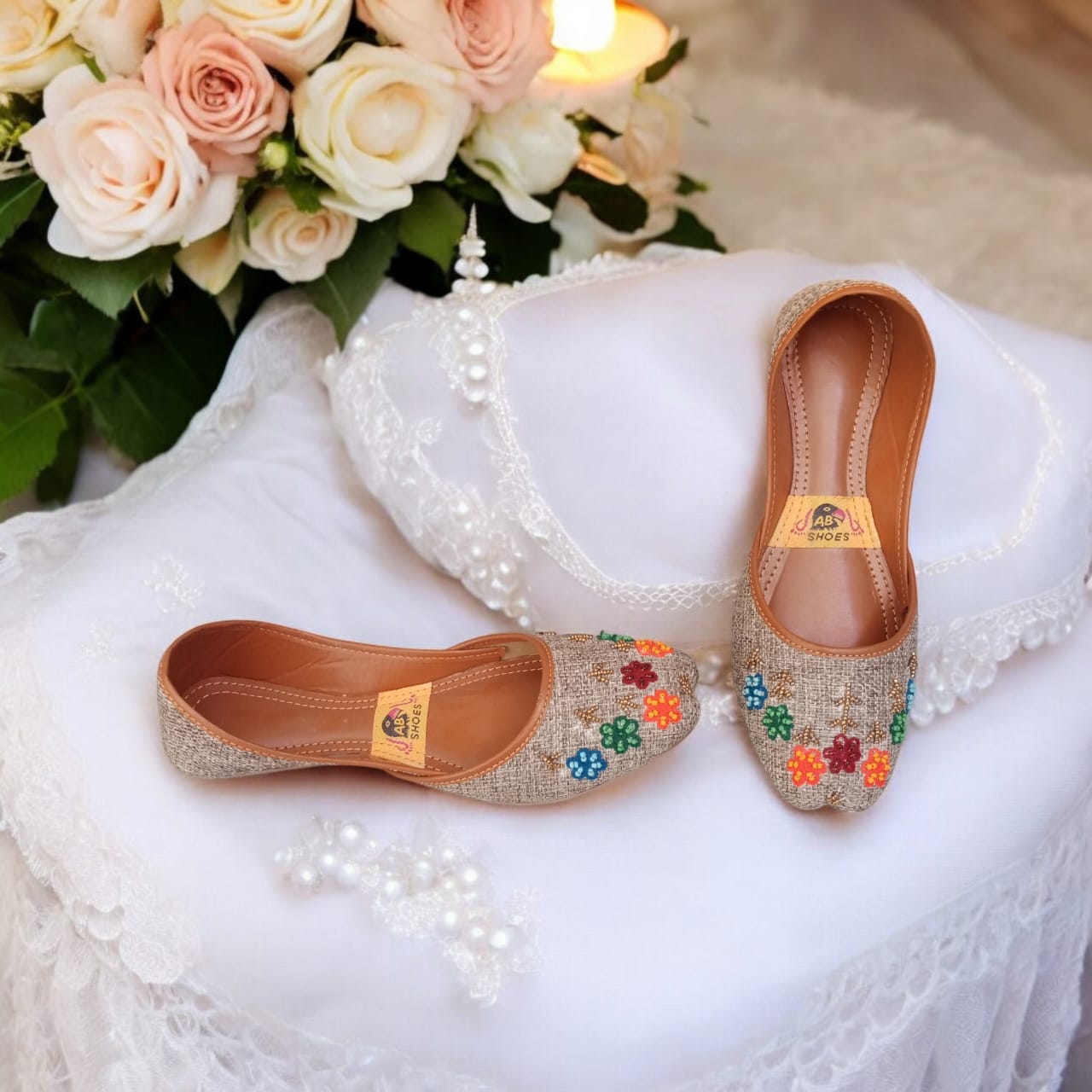 Handmade Denim Embroidered Khussa – Colorful Floral Traditional Women’s Flats