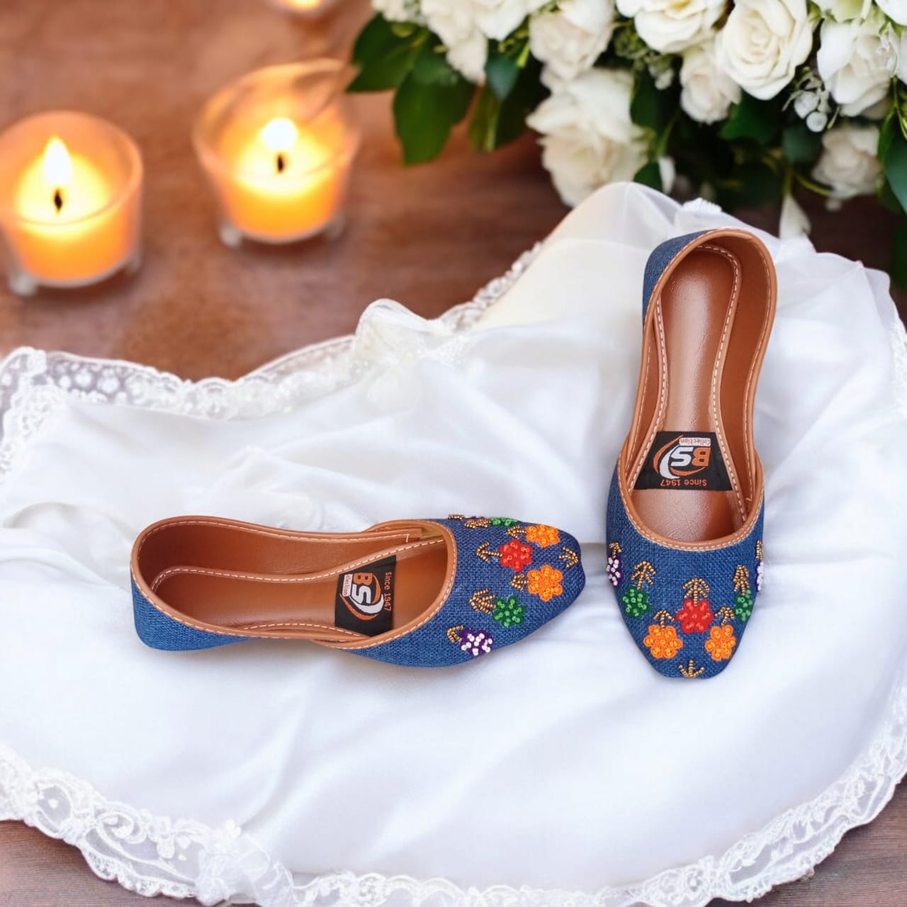 Handmade Denim Embroidered Khussa – Colorful Floral Traditional Women’s Flats