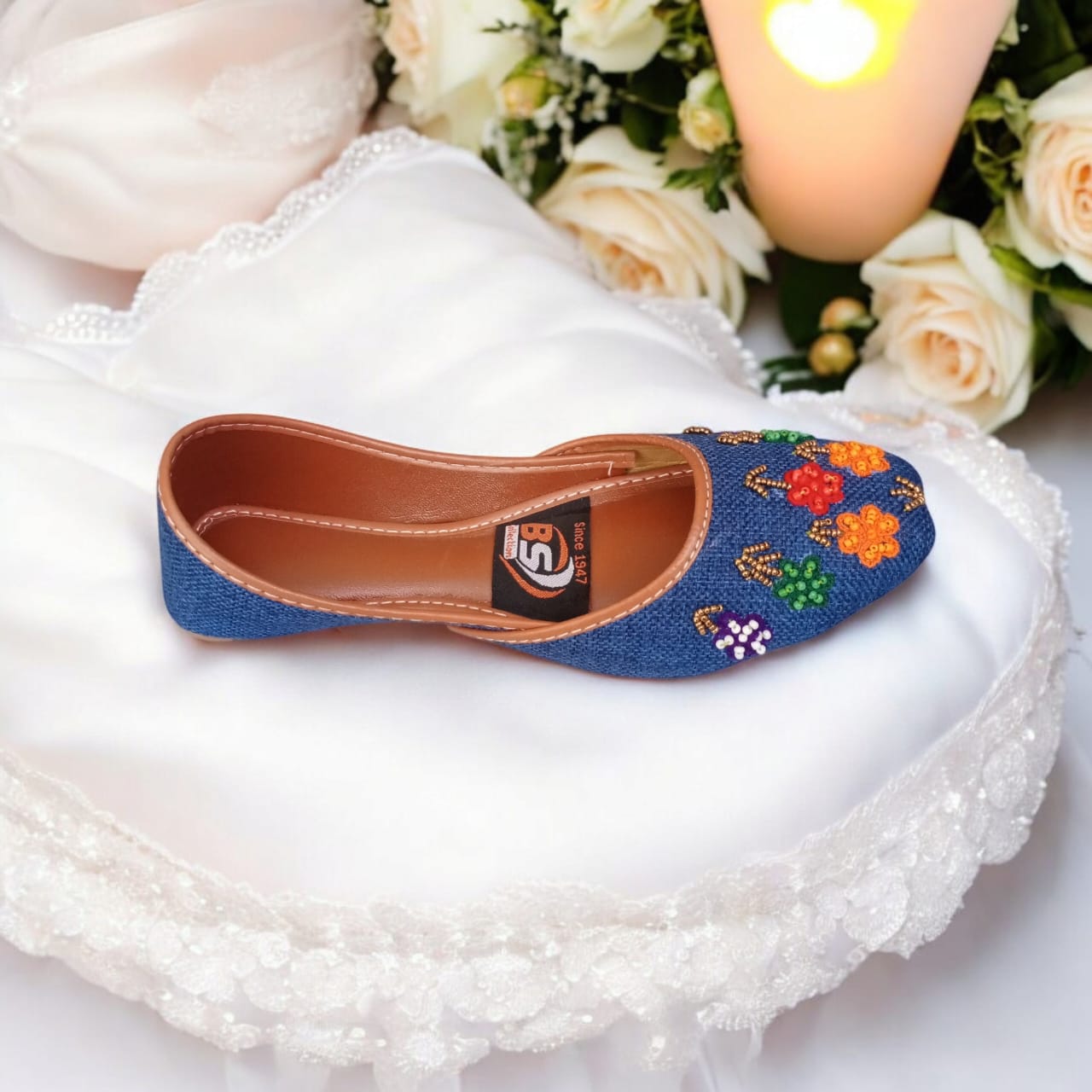 Handmade Denim Embroidered Khussa – Colorful Floral Traditional Women’s Flats