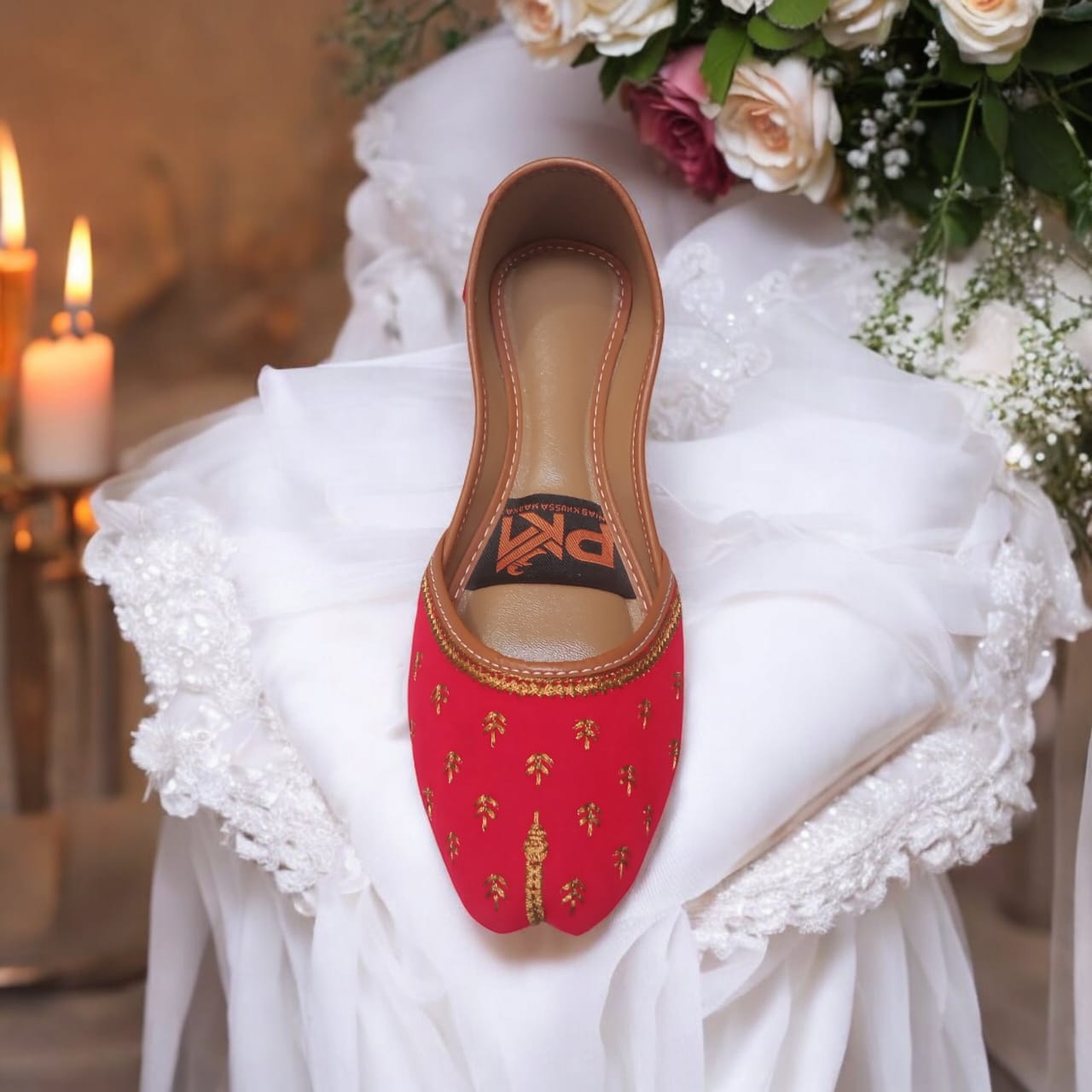 Red & Gold Embroidered Khussa – Handcrafted Bridal & Festive Wear Flats