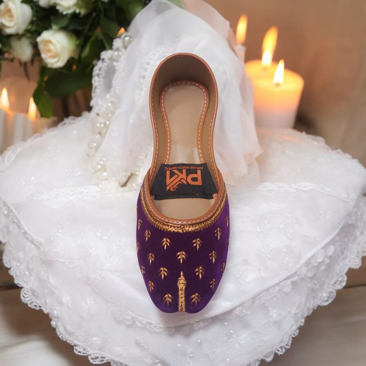 Elegant Purple Handcrafted Punjabi Jutti with Golden Embroidery