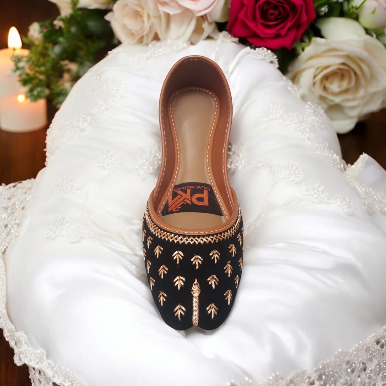 Elegant Black Handcrafted Punjabi Jutti with Golden Embroidery