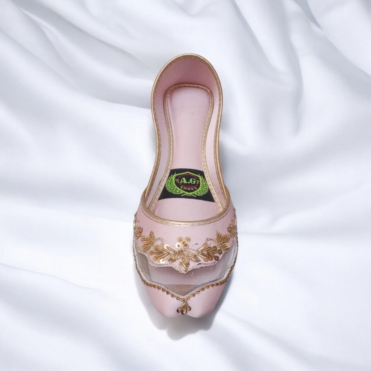 Baby Pink Net Embroidered Jutti – Handcrafted Elegance
