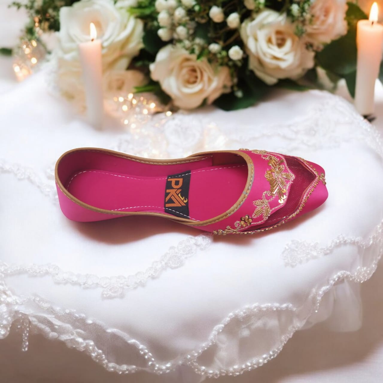 Shocking Pink Net Embroidered Jutti – Handcrafted Elegance