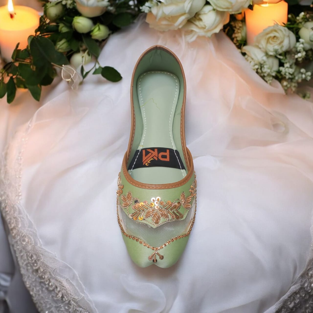 Mint Green Net Embroidered Jutti – Handcrafted Elegance