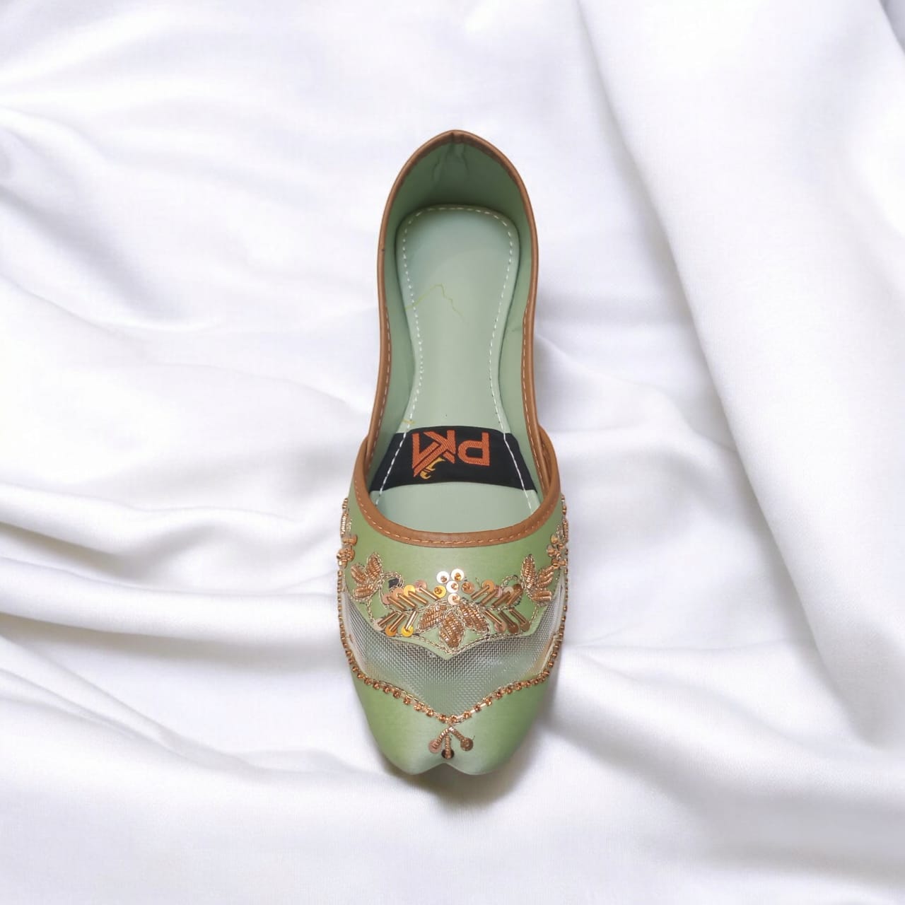 Mint Green Net Embroidered Jutti – Handcrafted Elegance
