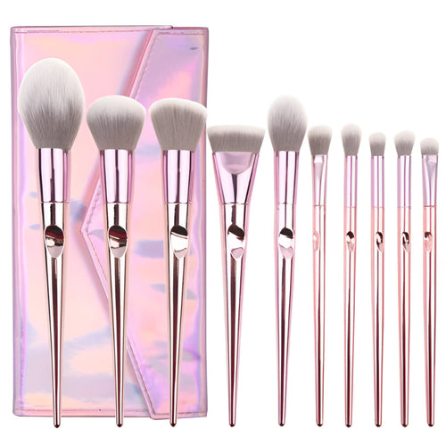 10-Piece Rose Gold Makeup Brush Set with Holographic Case – Professional Face & Eye Brushes