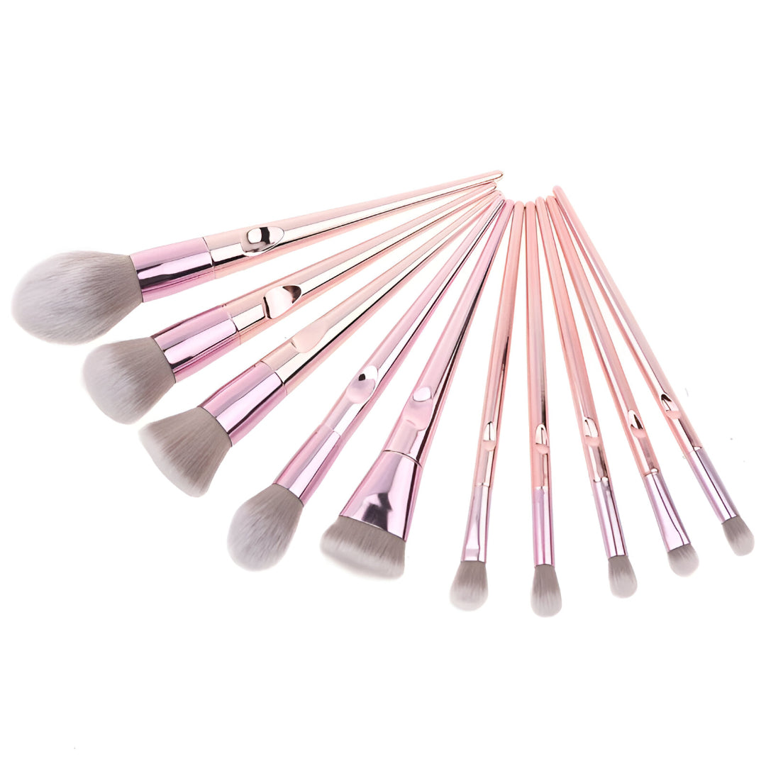 10-Piece Rose Gold Makeup Brush Set with Holographic Case – Professional Face & Eye Brushes