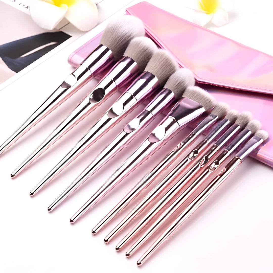 10-Piece Rose Gold Makeup Brush Set with Holographic Case – Professional Face & Eye Brushes