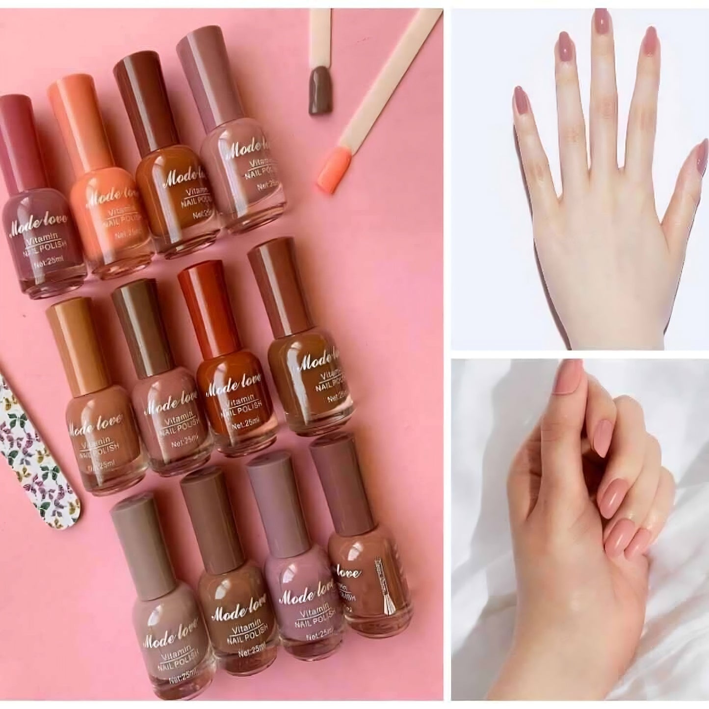12-Piece Nude Nail Polish Set – Long Lasting, Vitamin Enriched, Glossy Finish