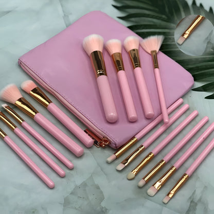Princess Pink 15-Piece Makeup Brush Set with Pouch – Soft & Stylish