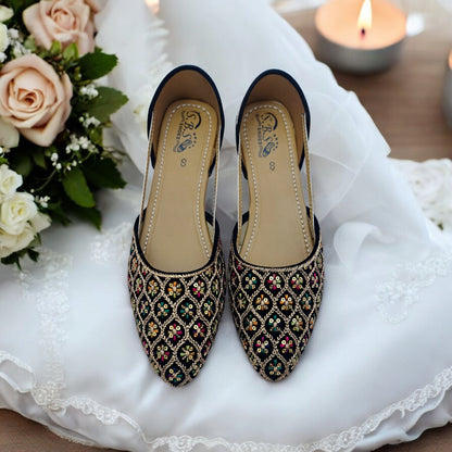 Black Multicolor Embroidered Khussa – Handcrafted Festive & Party Wear Flats