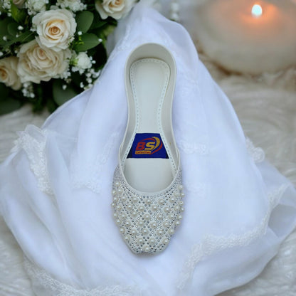 White Pearl Embellished Khussa – Handcrafted Bridal & Party Wear Flats