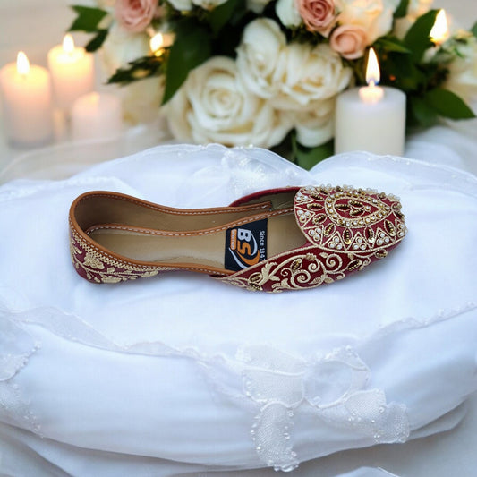 Maroon & Gold Embroidered Khussa – Handcrafted Bridal & Festive Wear Flats