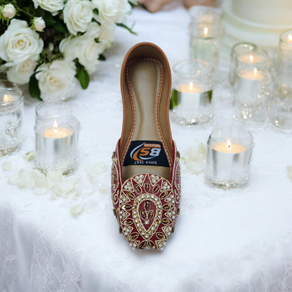 Maroon & Gold Embroidered Khussa – Handcrafted Bridal & Festive Wear Flats