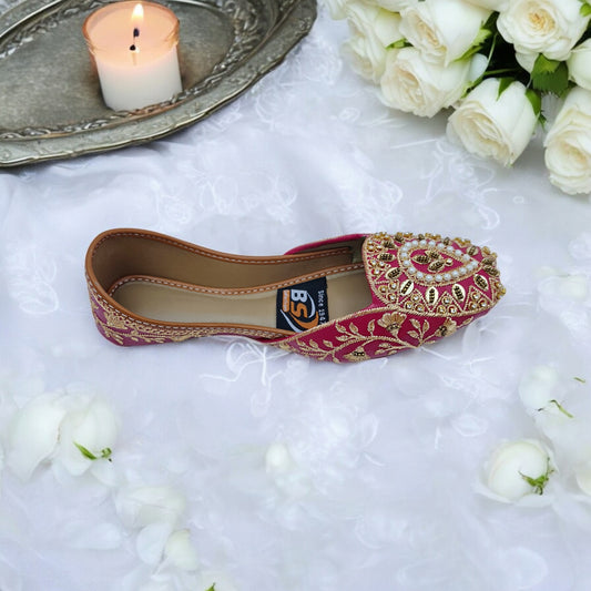 Shocking Pink & Gold Embroidered Khussa – Handcrafted Bridal & Festive Wear Flats