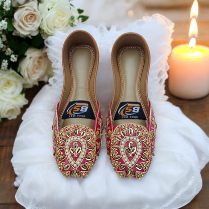 Shocking Pink & Gold Embroidered Khussa – Handcrafted Bridal & Festive Wear Flats