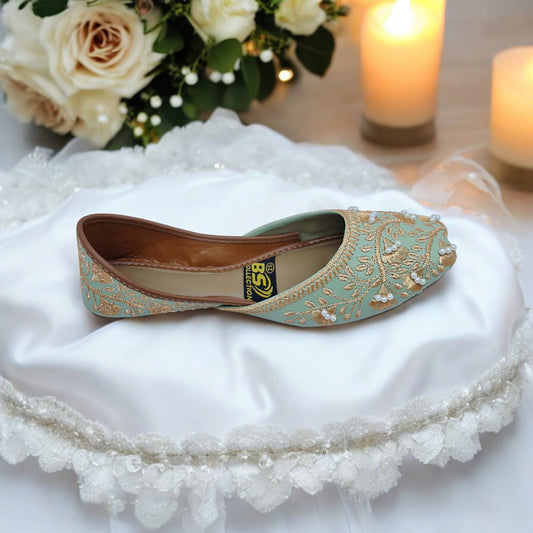 Mint Green & Gold Embroidered Khussa – Handcrafted Festive & Wedding Wear Flats